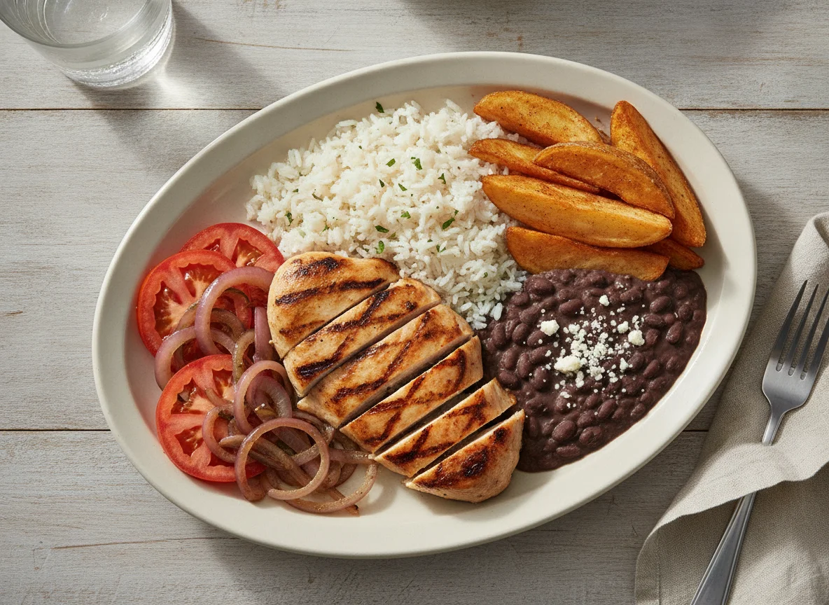 Plato combinado con pollo, arroz, frijoles y queso photo