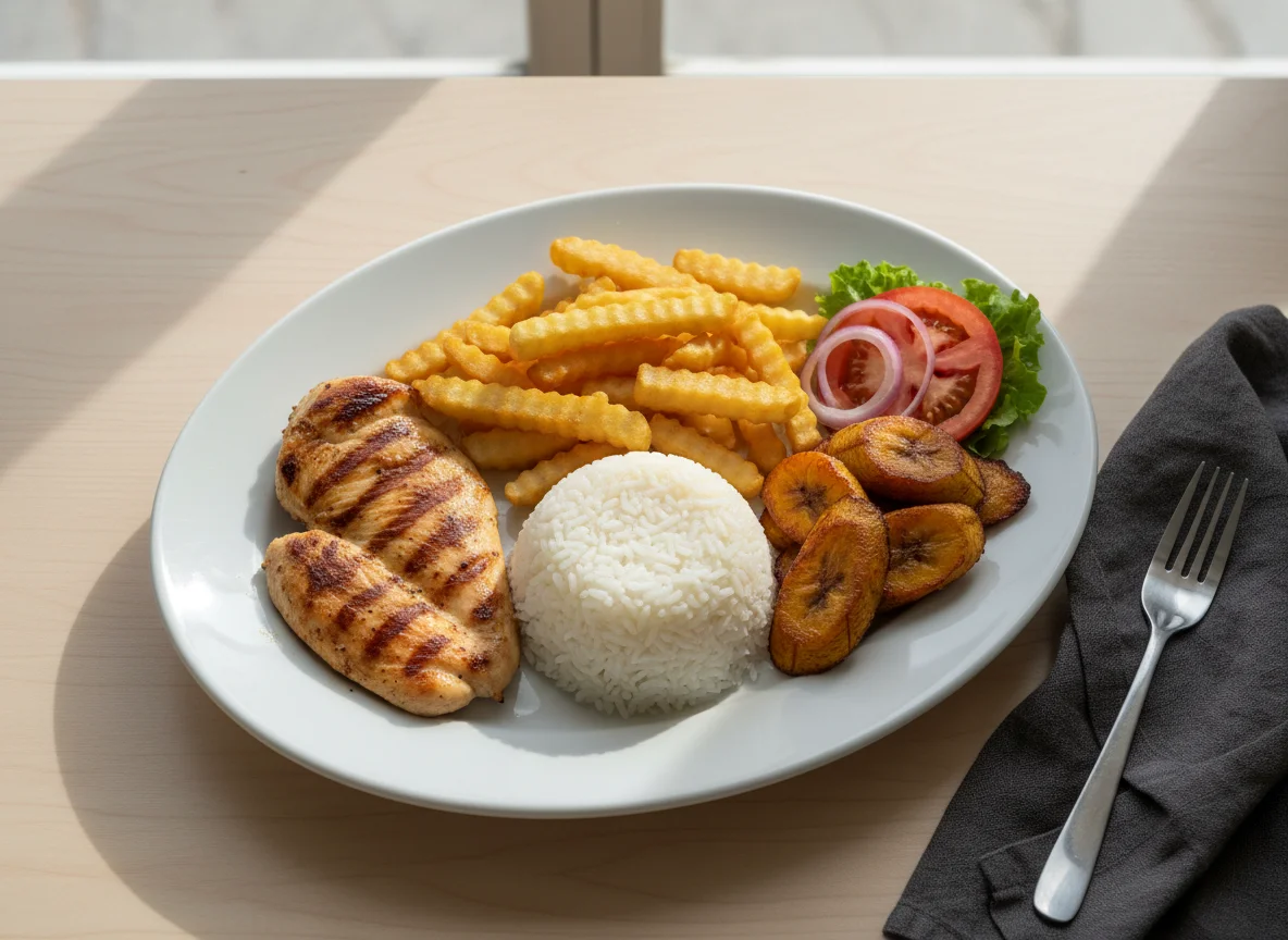 Plato combinado con pollo, arroz, papas fritas y plátano photo