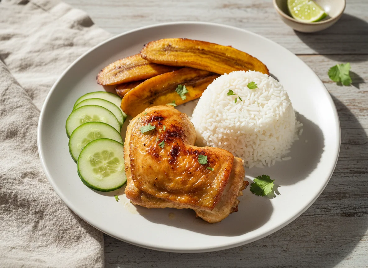 Plato combinado con pollo, arroz, pepino y plátano photo