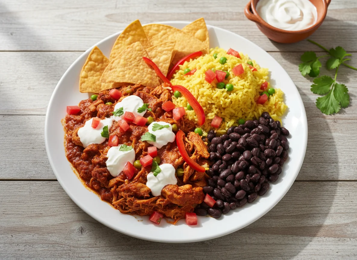 Plato combinado con pollo, arroz y frijoles photo