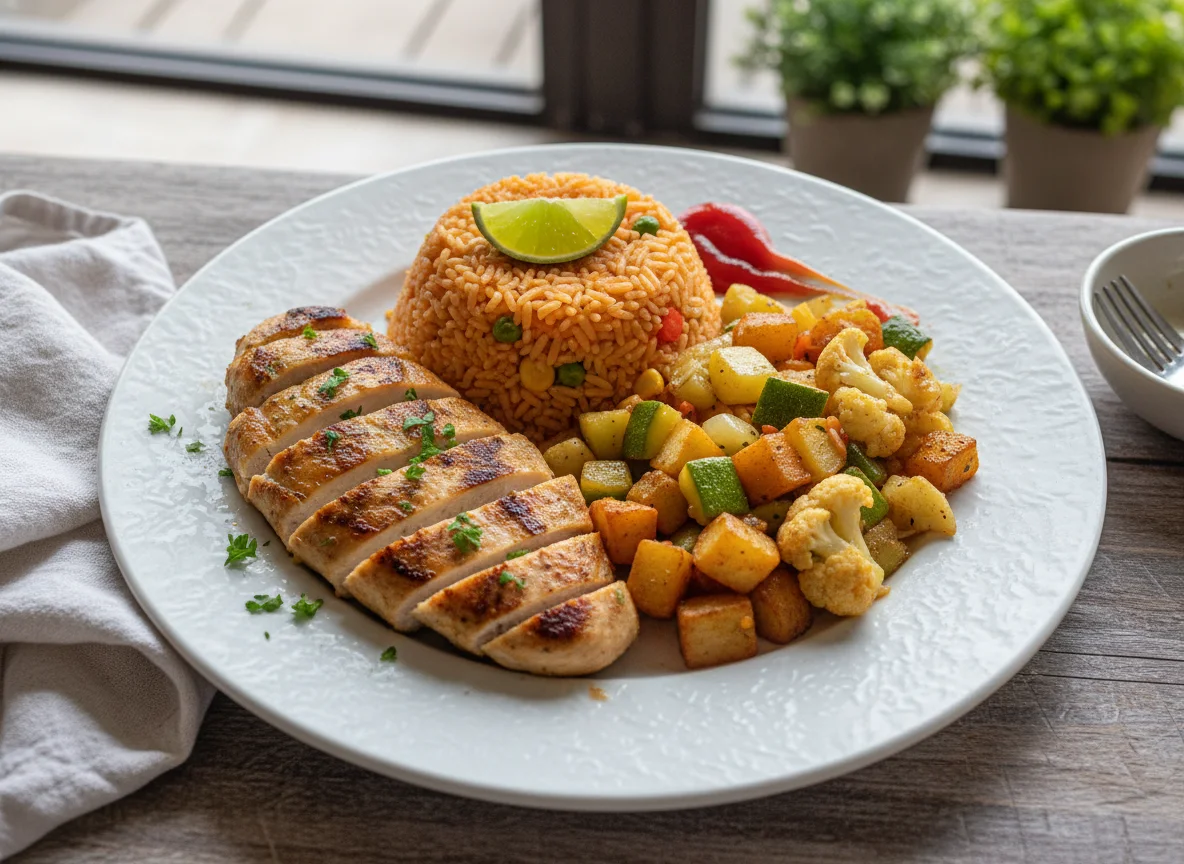 Plato combinado con pollo, arroz y verduras photo