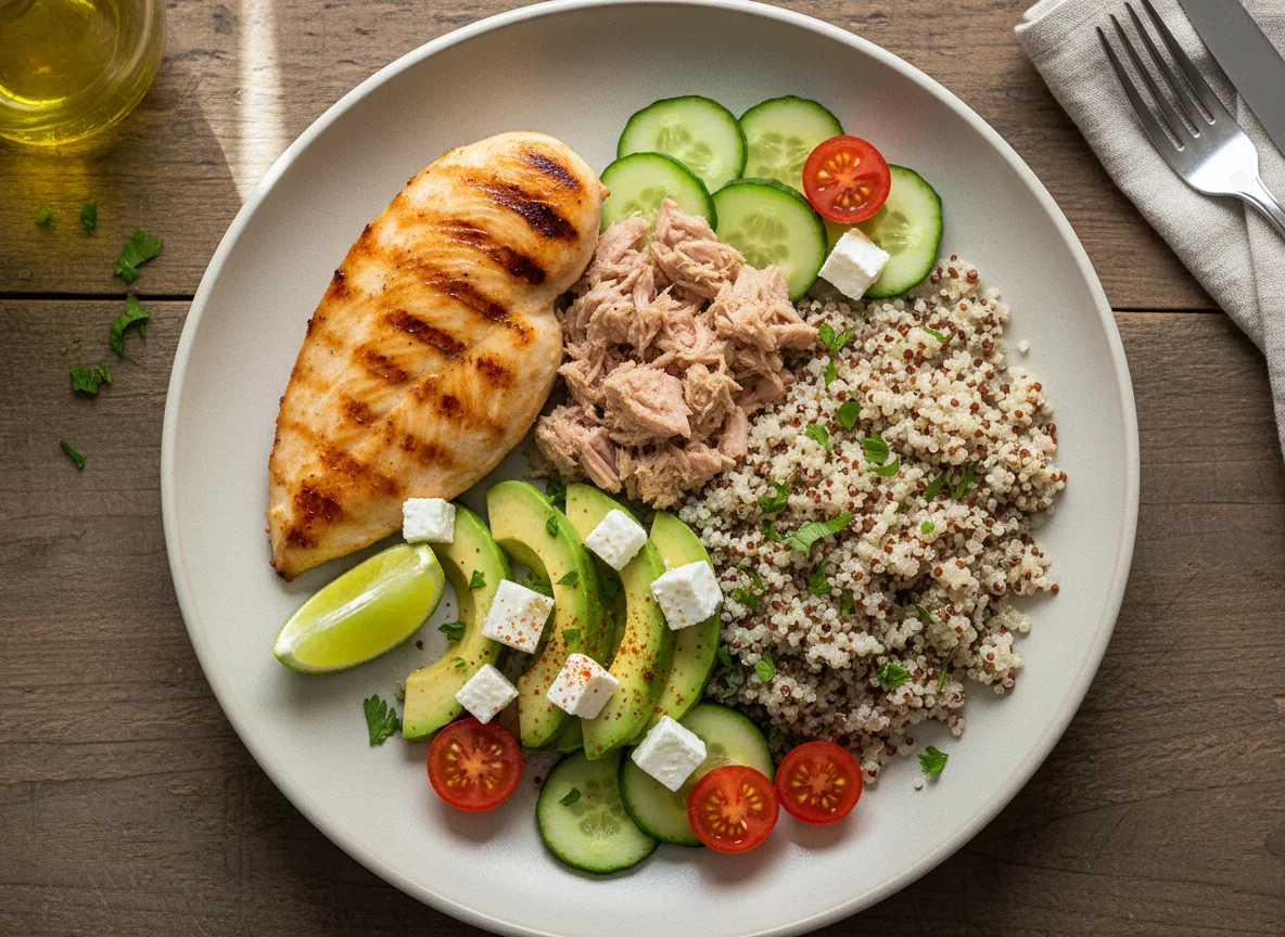 Plato combinado con pollo, atún y quinoa photo