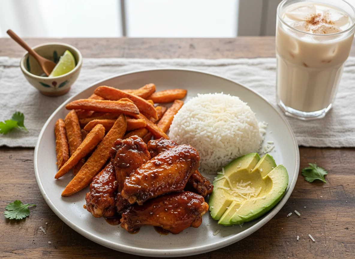 Plato combinado con pollo, camote, arroz y aguacate con bebida photo