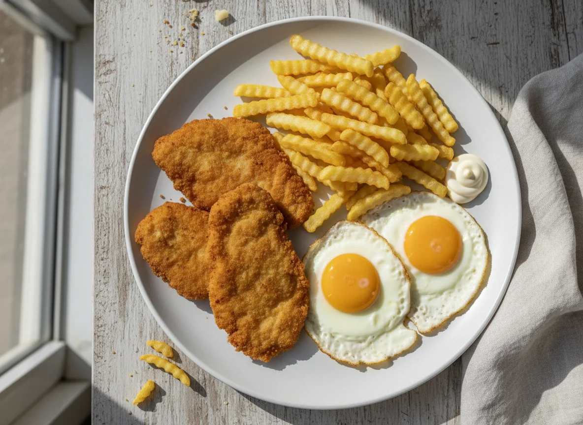 Plato combinado con pollo empanado, patatas fritas y huevos fritos photo