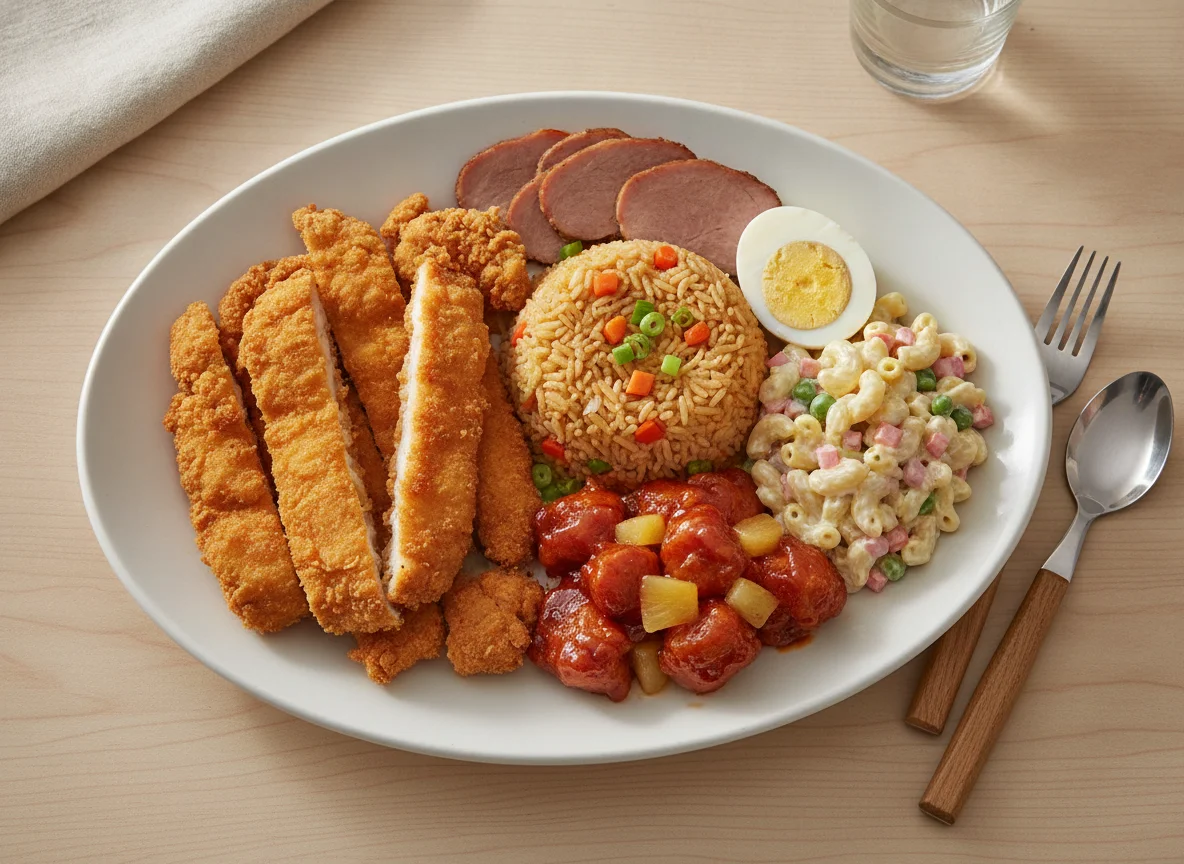 Plato combinado con pollo empanizado, arroz frito y ensalada de coditos photo