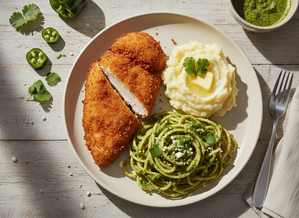 Plato combinado con pollo empanizado, puré de papa y espagueti con salsa verde photo