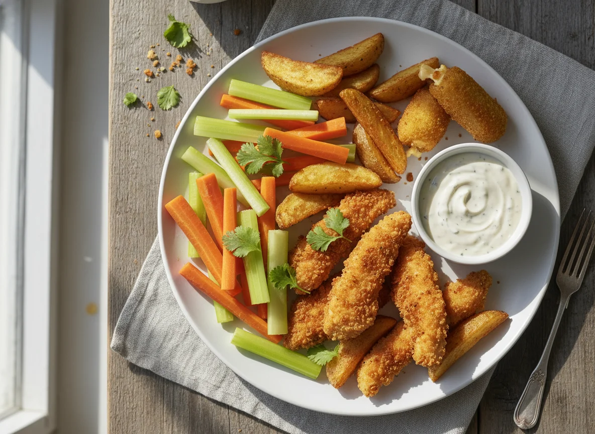 Plato combinado con pollo empanizado y vegetales photo