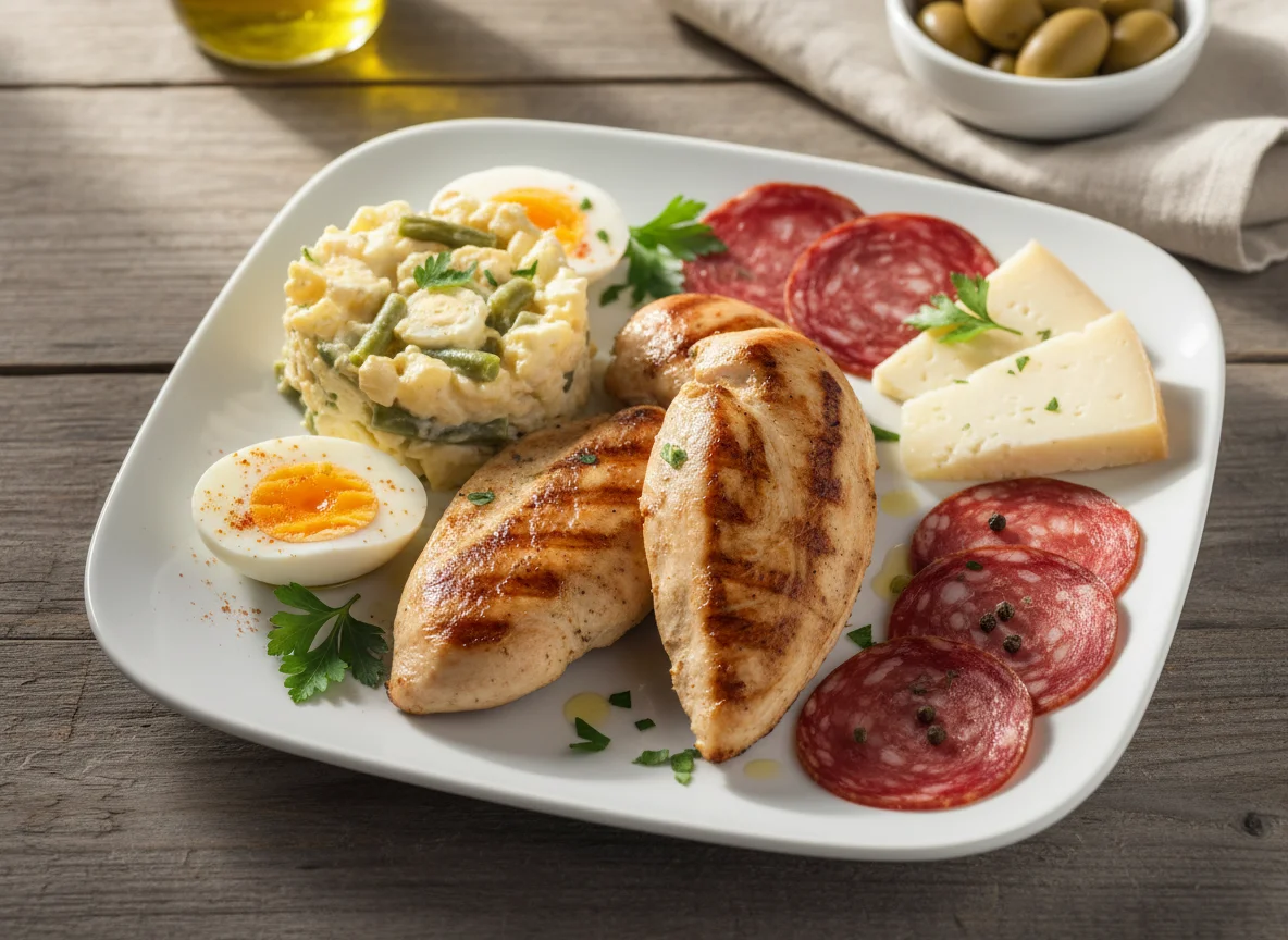 Plato combinado con pollo, ensalada de patata y embutidos photo