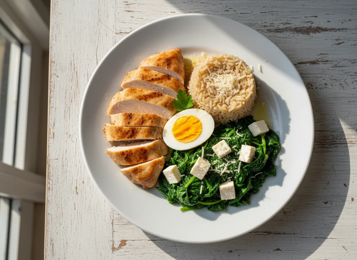 Plato combinado con pollo, espinaca, queso, huevo y arroz integral photo