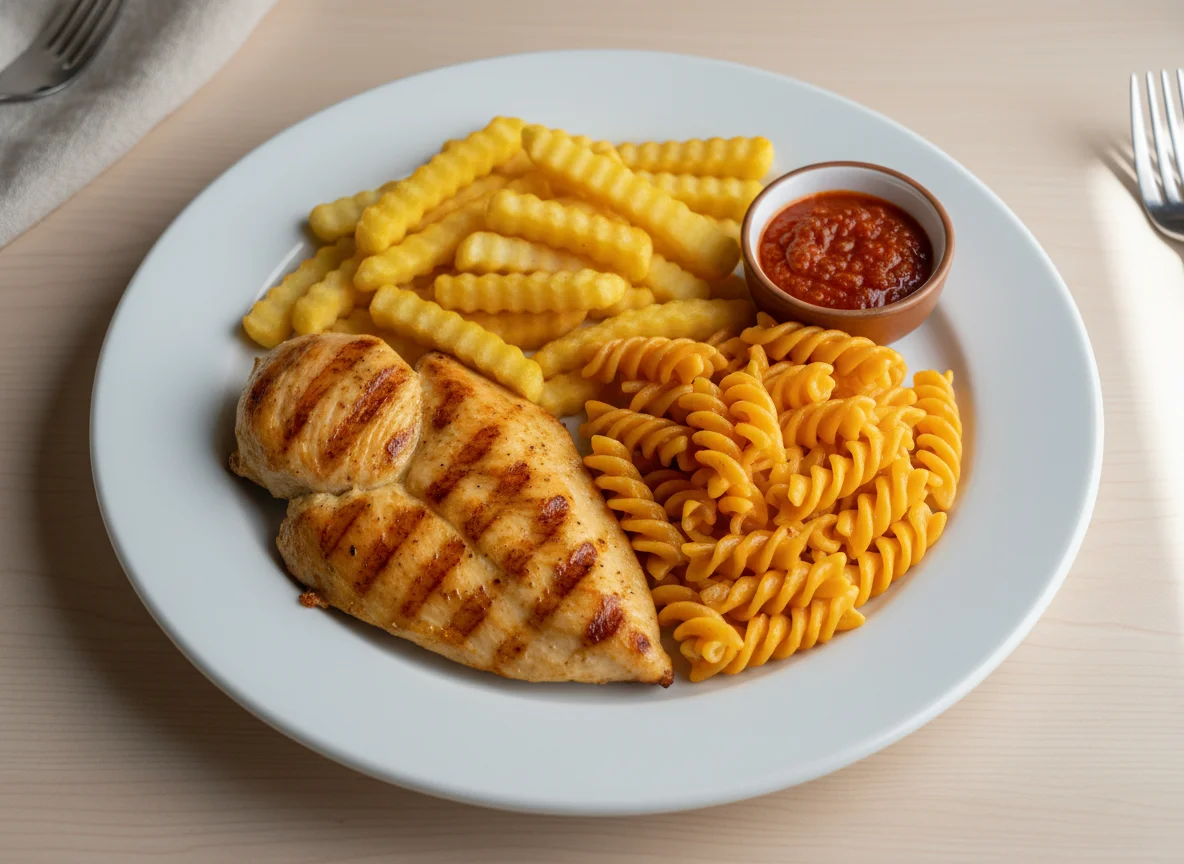 Plato combinado con pollo, papas fritas y pasta photo