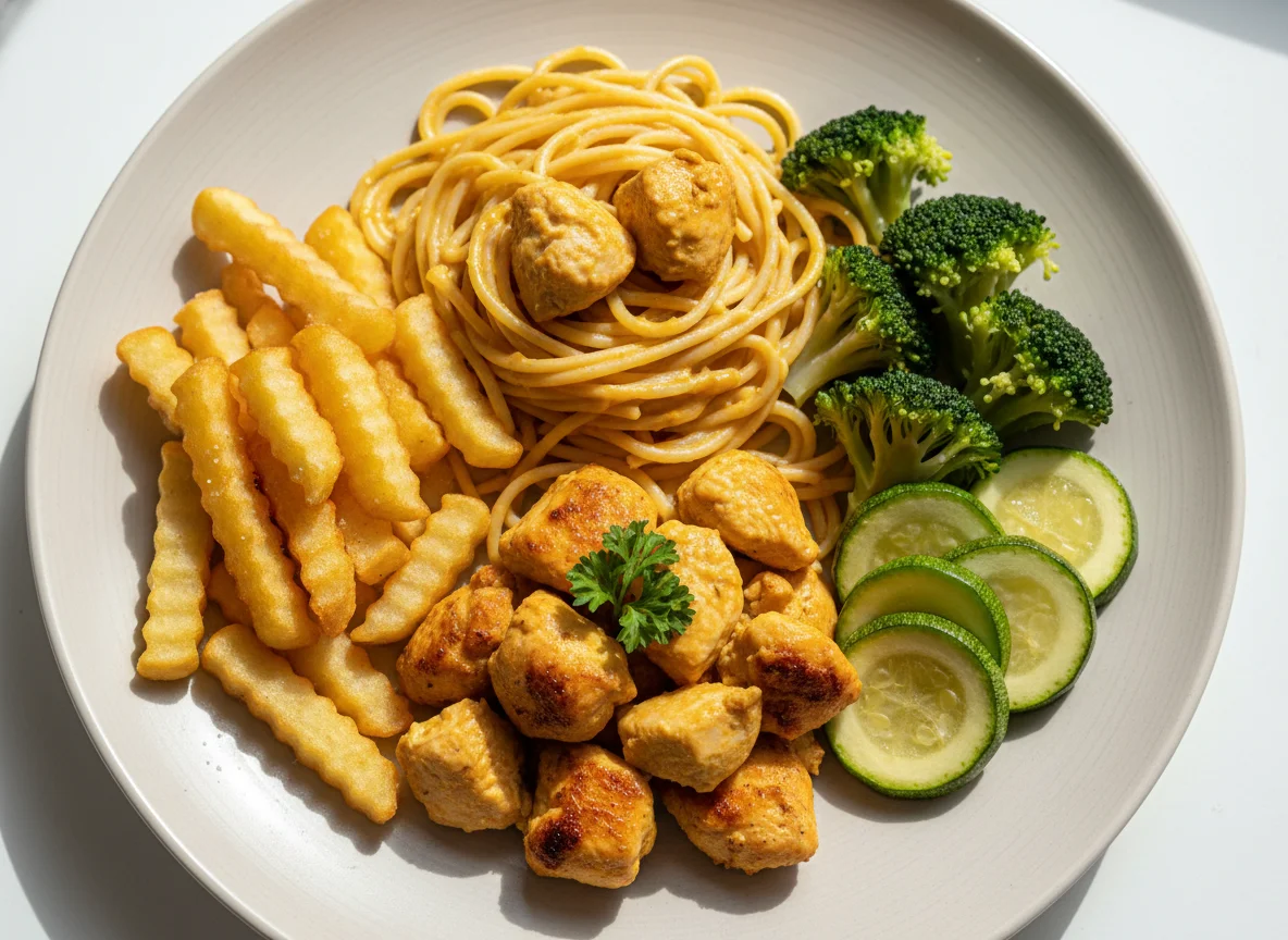 Plato combinado con pollo, pasta y papas fritas photo