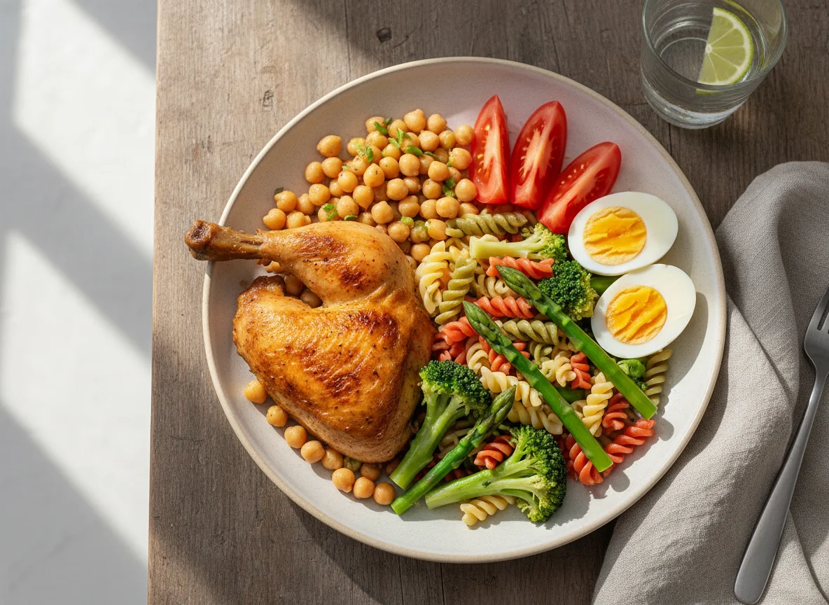 Plato combinado con pollo, pasta y verduras photo