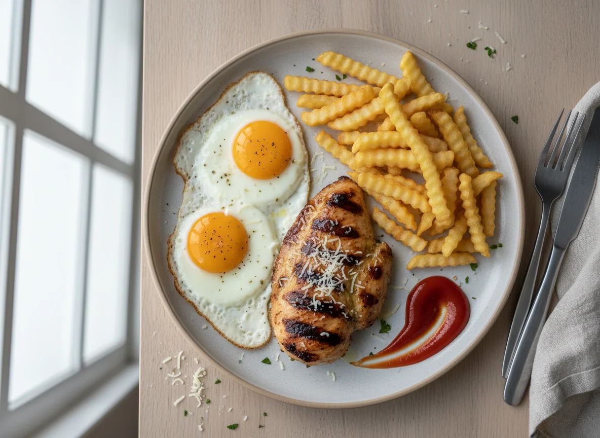 Plato combinado con pollo, patatas fritas y huevos fritos photo