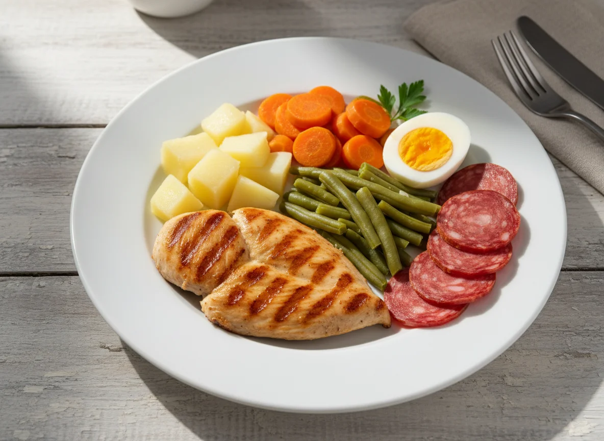 Plato combinado con pollo, verduras y embutido photo