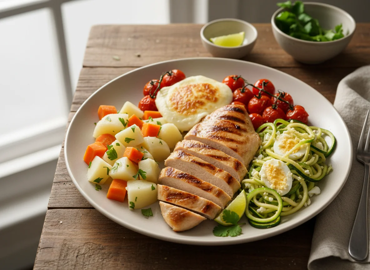 Plato combinado con pollo y vegetales photo