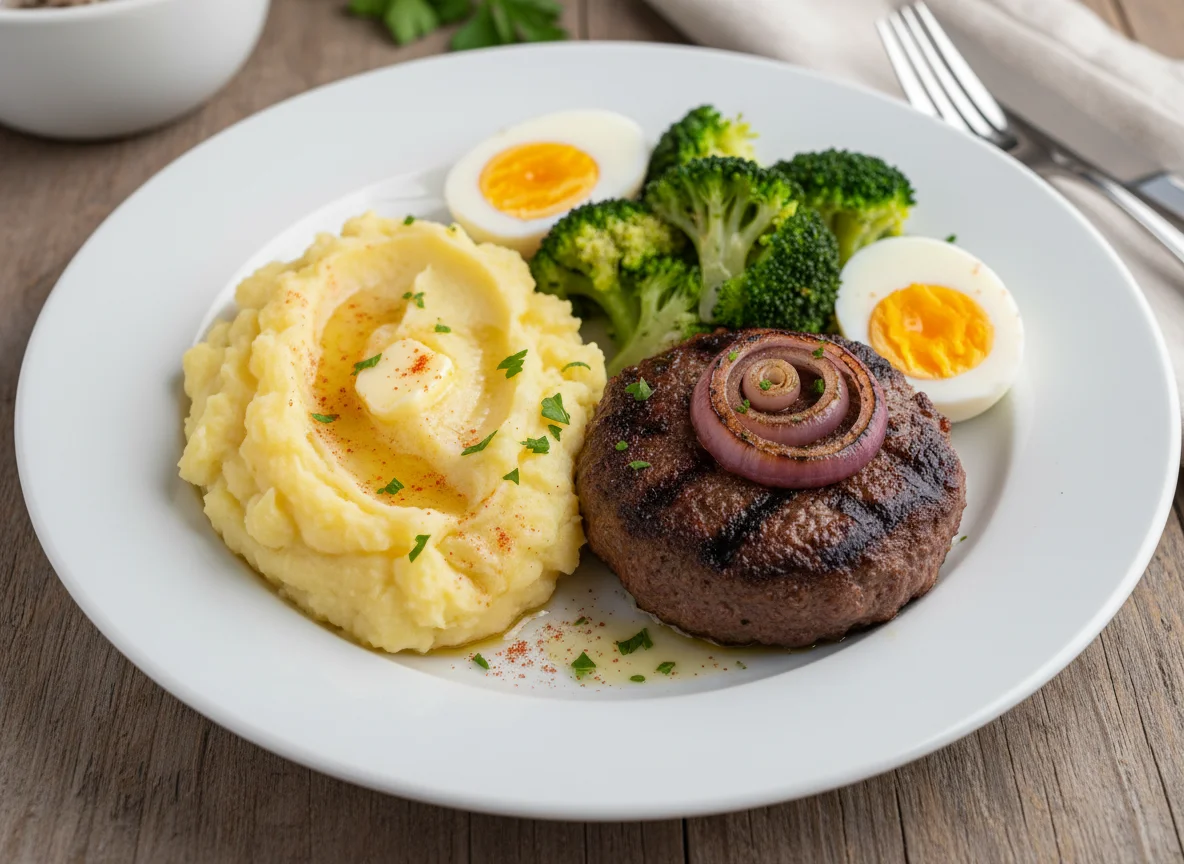 Plato combinado con puré, carne, brócoli y huevos photo