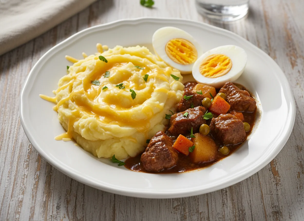 Plato combinado con puré de patatas, carne guisada y huevos cocidos photo