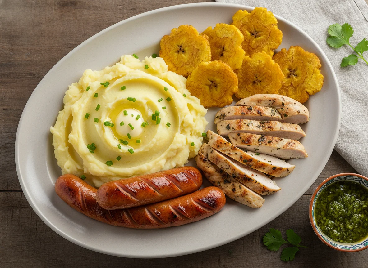 Plato combinado con puré de patatas, salchichas, pollo y plátano frito photo
