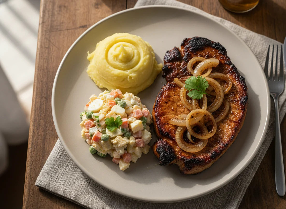 Plato combinado con puré, ensalada rusa y carne photo