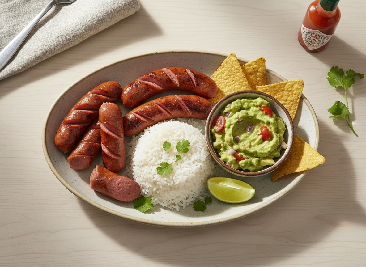 Plato combinado con salchichas, arroz y guacamole photo