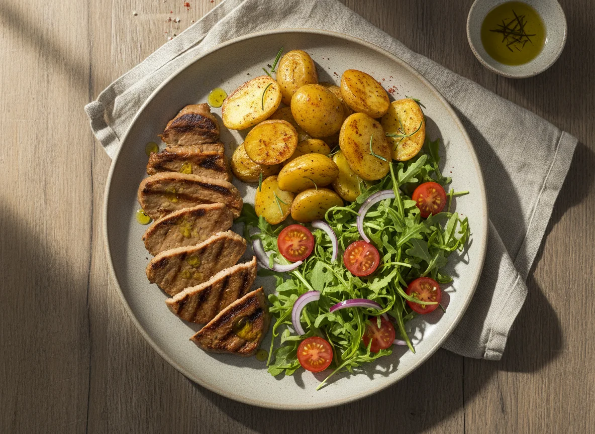 Plato combinado con seitán, patatas asadas y ensalada de rúcula photo