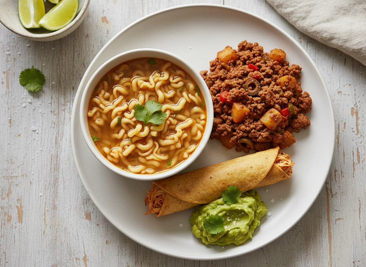 Plato combinado con sopa de fideo, picadillo y taco dorado photo