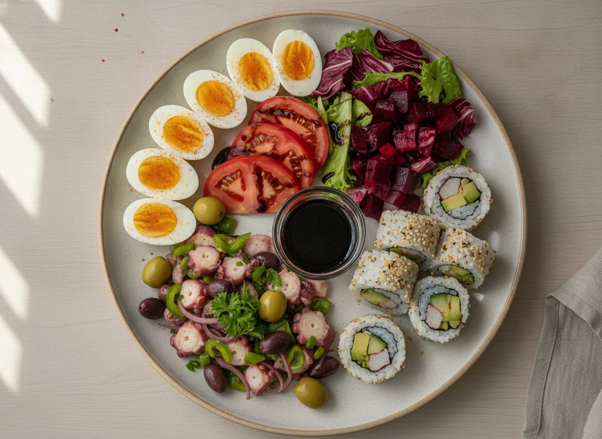 Plato combinado con sushi, huevo y ensalada photo