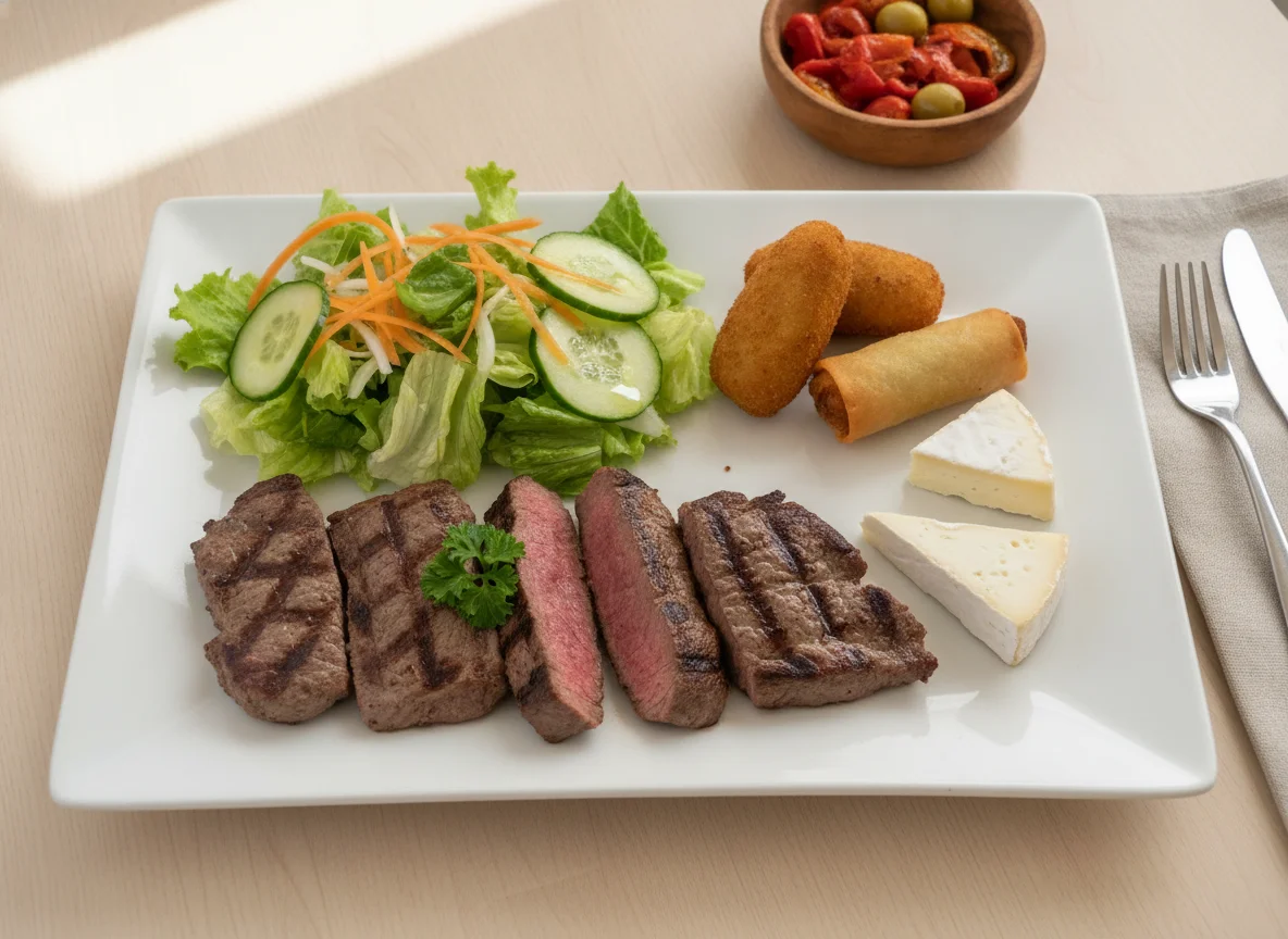 Plato combinado con ternera, ensalada y aperitivos photo