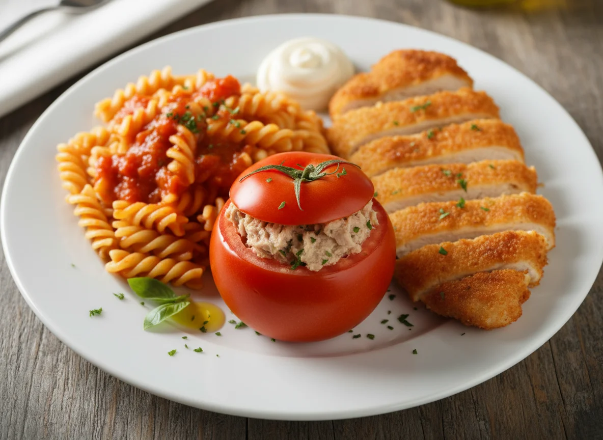 Plato combinado con tomate relleno, pasta y pechuga de pollo photo