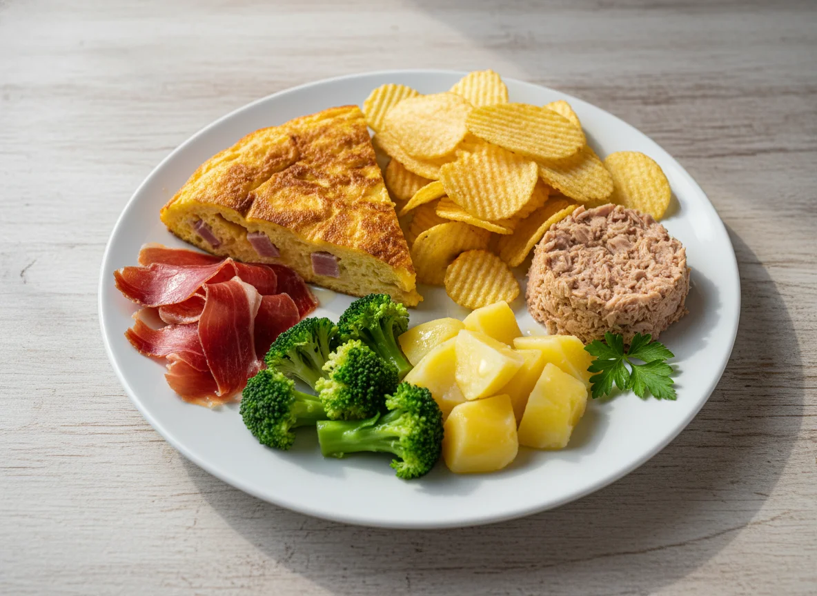 Plato combinado con tortilla, jamón, atún, brócoli, patatas y patatas fritas photo