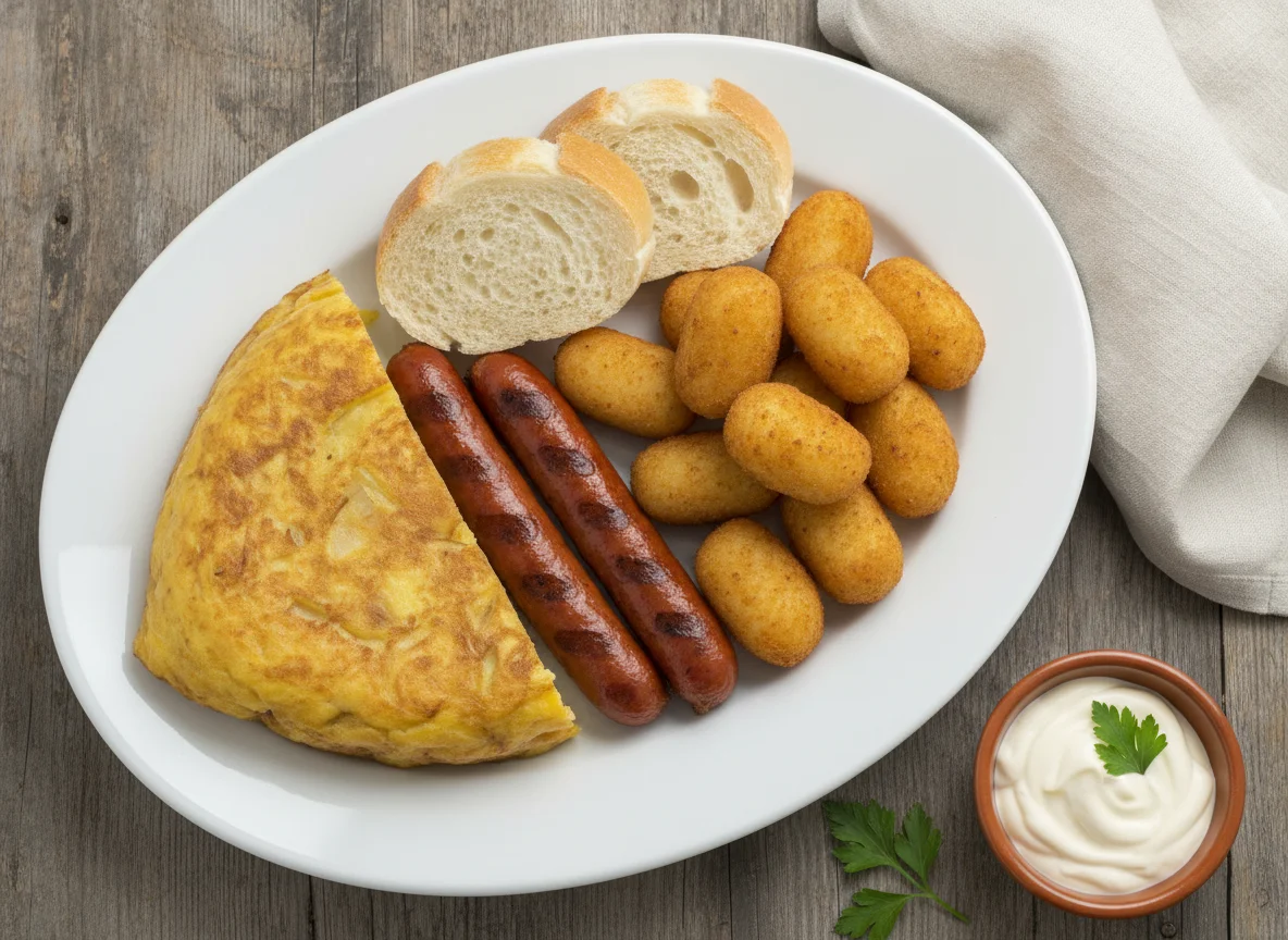Plato combinado con tortilla, salchicha y croquetas photo