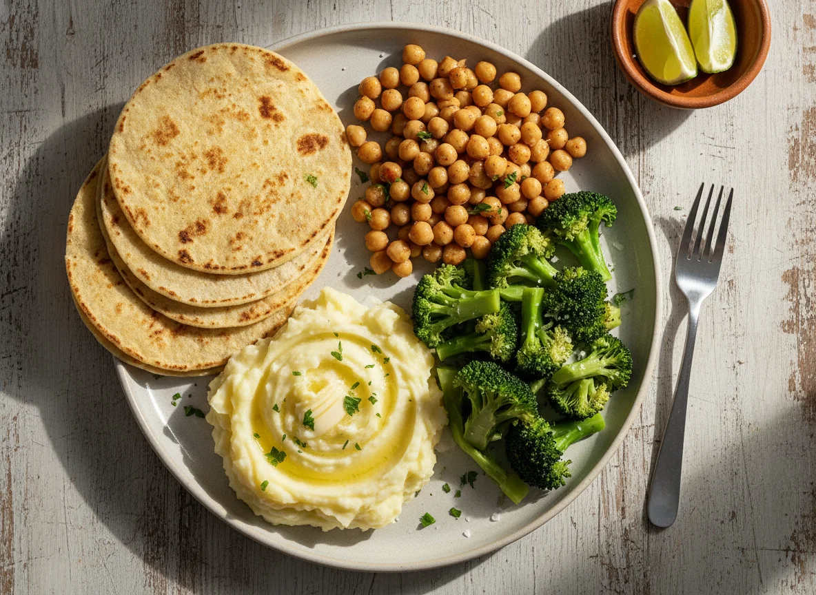 Plato combinado con tortillas, puré de papa, brócoli y garbanzos photo
