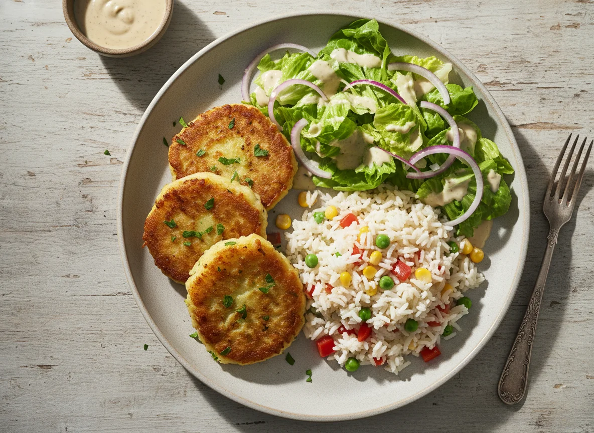 Plato combinado con tortitas de papa, arroz y ensalada photo
