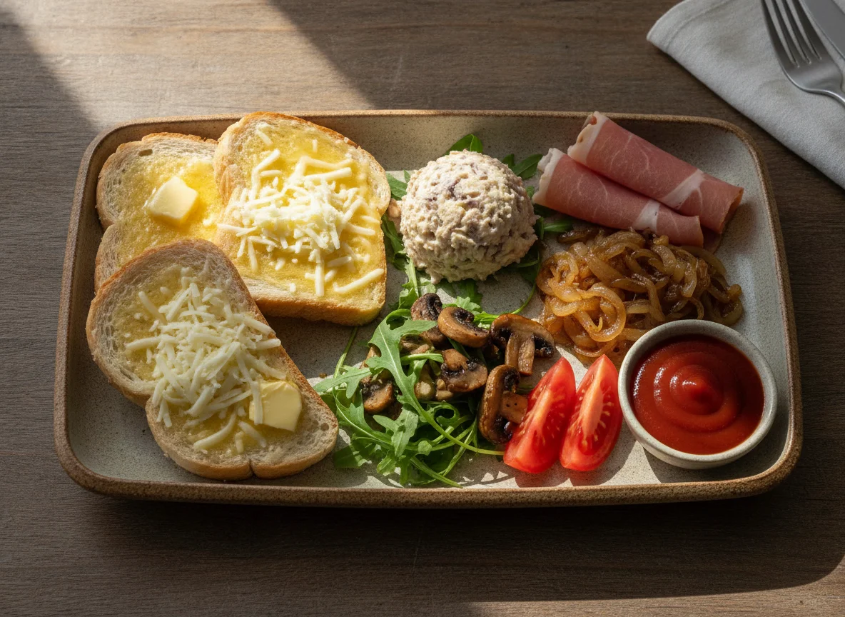 Plato combinado con tostadas, ensalada y embutidos photo