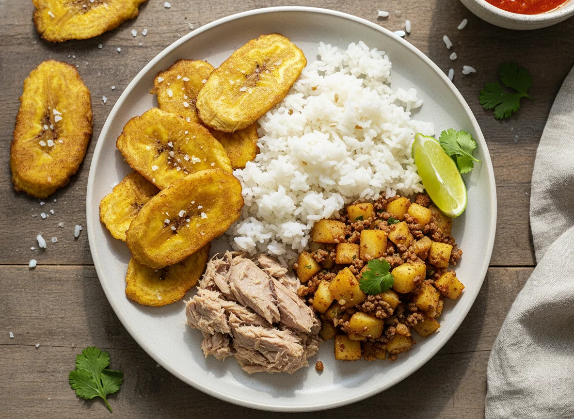 Plato combinado con tostones, arroz, atún y picadillo de papa photo