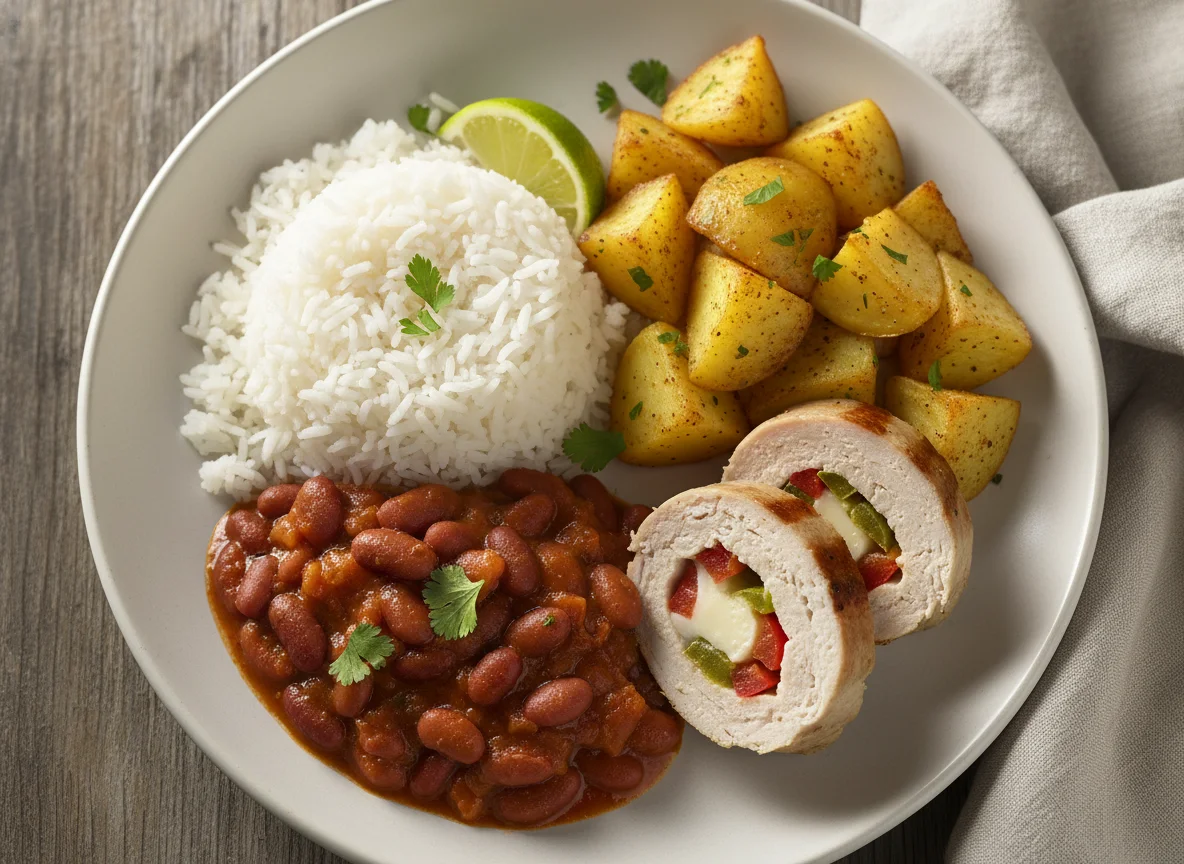 Plato combinado de arroz, frijoles, carne rellena y patatas photo