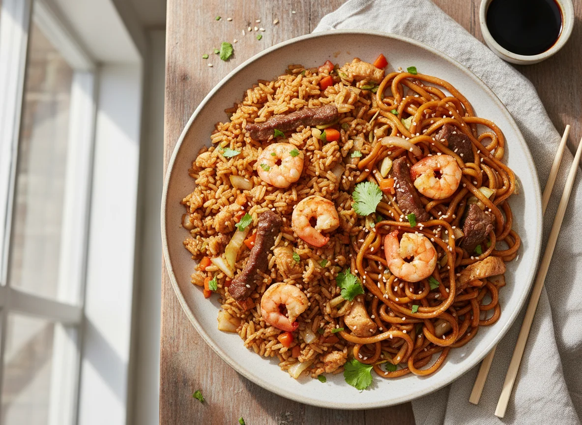 Plato combinado de arroz frito y fideos lo mein photo