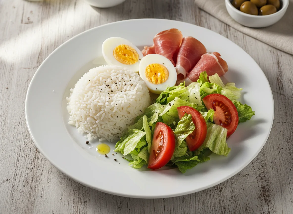 Plato combinado de arroz, jamón, huevo y ensalada photo