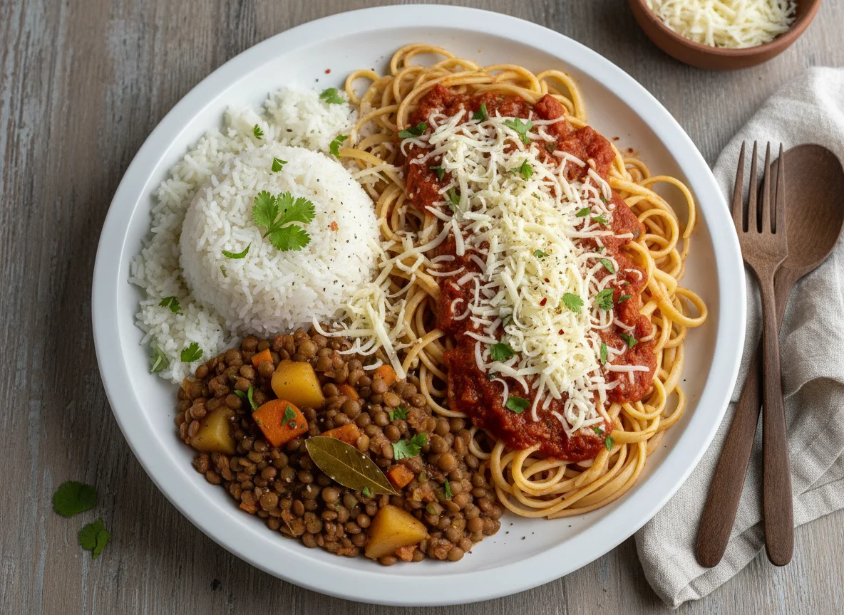 Plato combinado de arroz, lentejas y pasta con queso photo