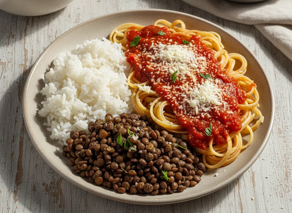 Plato combinado de arroz, lentejas y pasta con salsa y queso photo