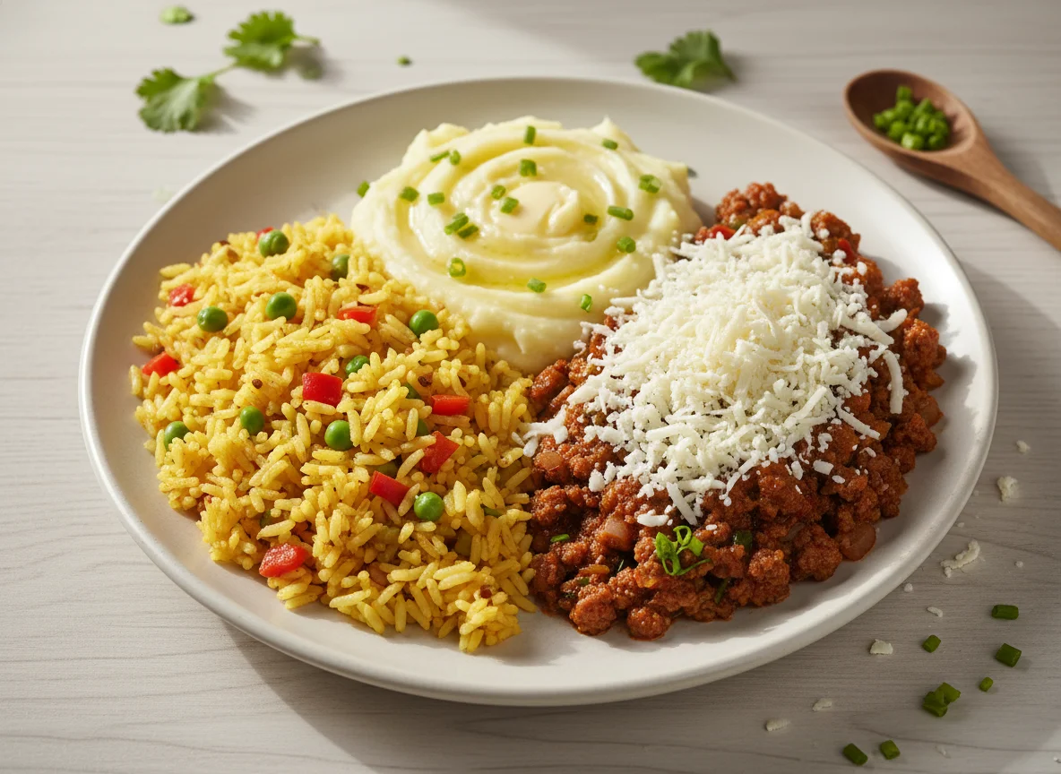 Plato combinado de arroz, puré, carne molida y queso photo