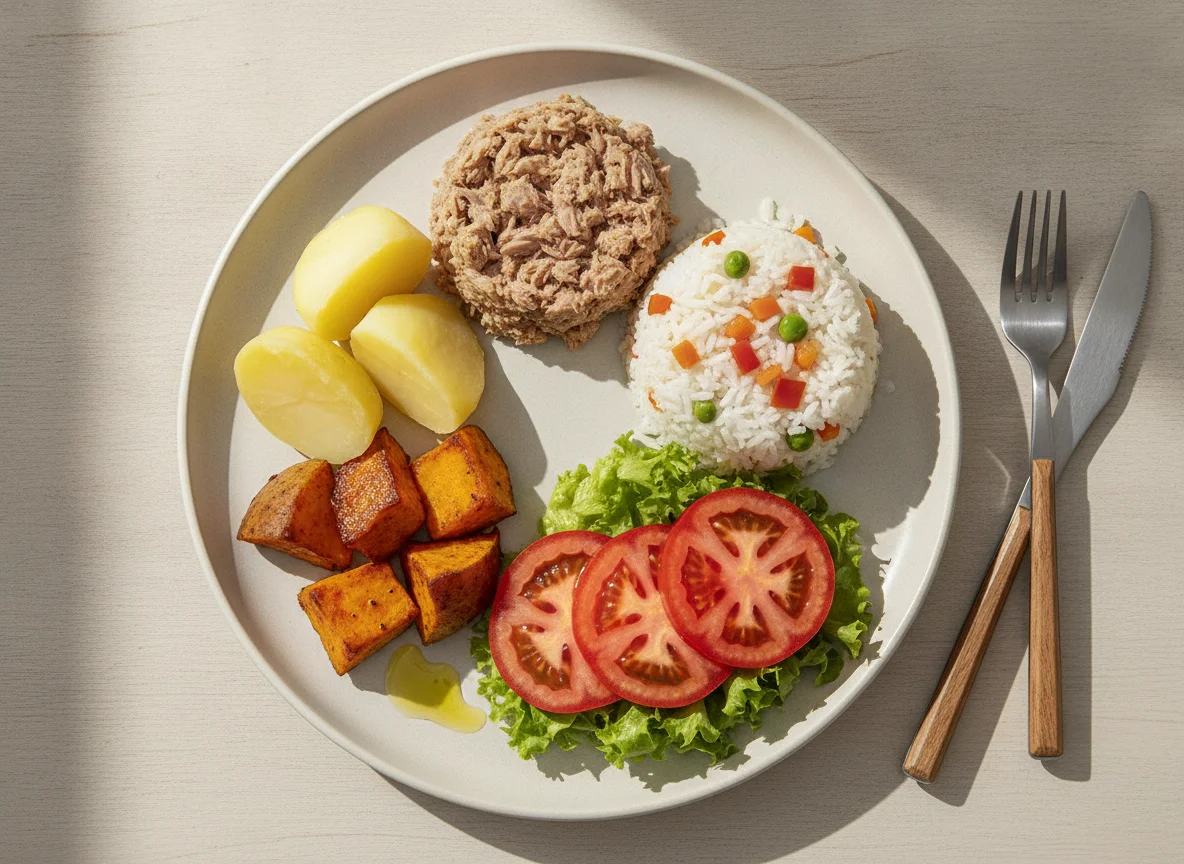 Plato combinado de atún, arroz con vegetales, papas hervidas y boniatos asados photo