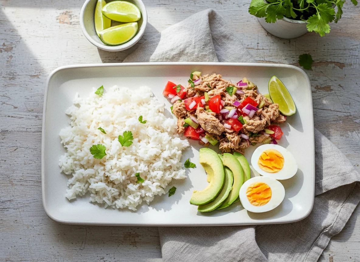 Plato combinado de atún, arroz y huevos photo