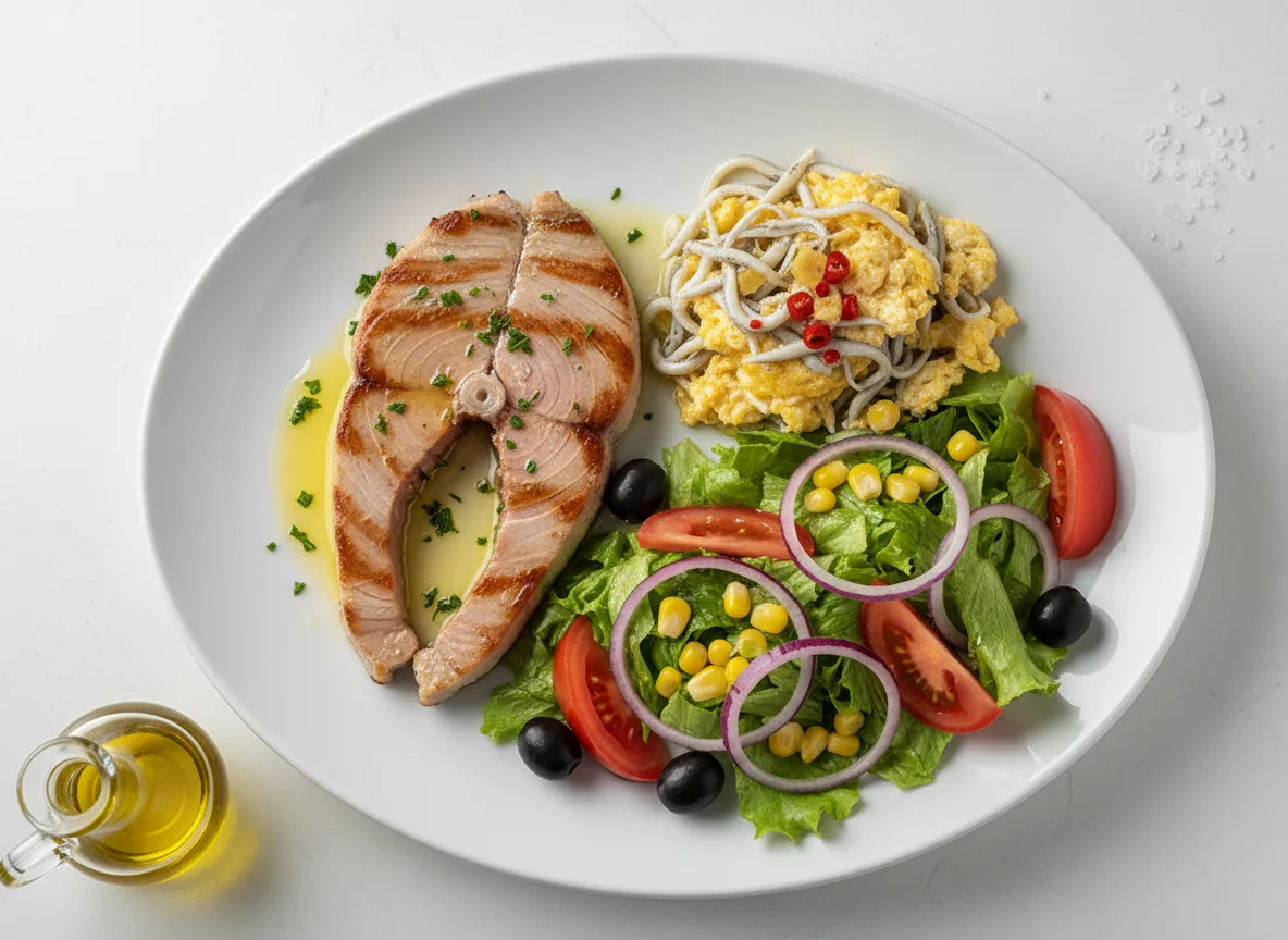 Plato combinado de atún, gulas y ensalada photo