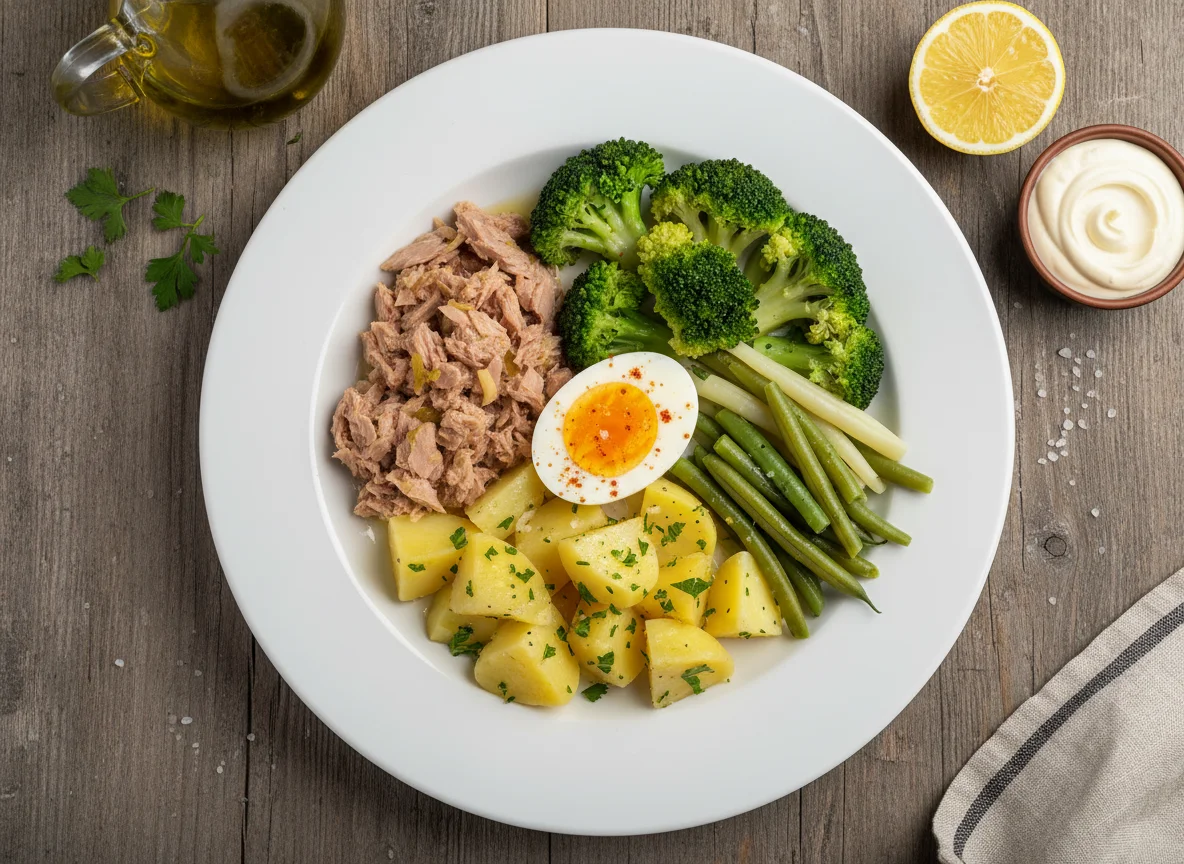Plato combinado de atún, patata, brócoli, judías verdes y huevo cocido photo
