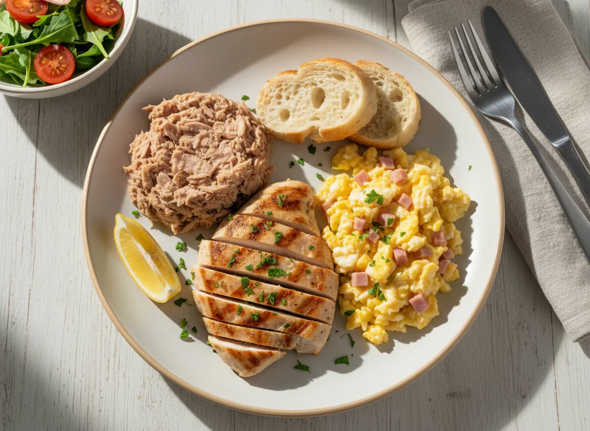 Plato combinado de atún, pollo y huevos revueltos con jamón photo