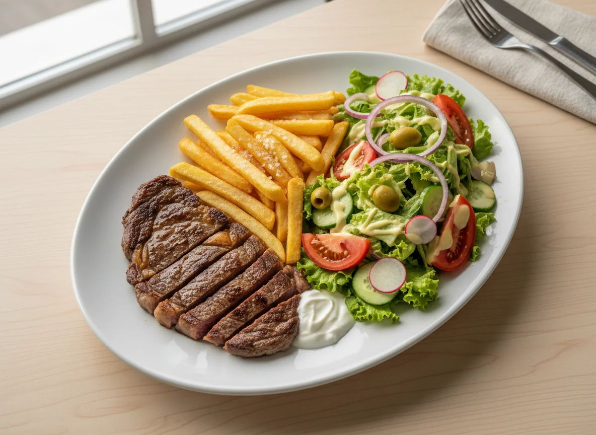 Plato combinado de bistec con patatas fritas y ensalada photo