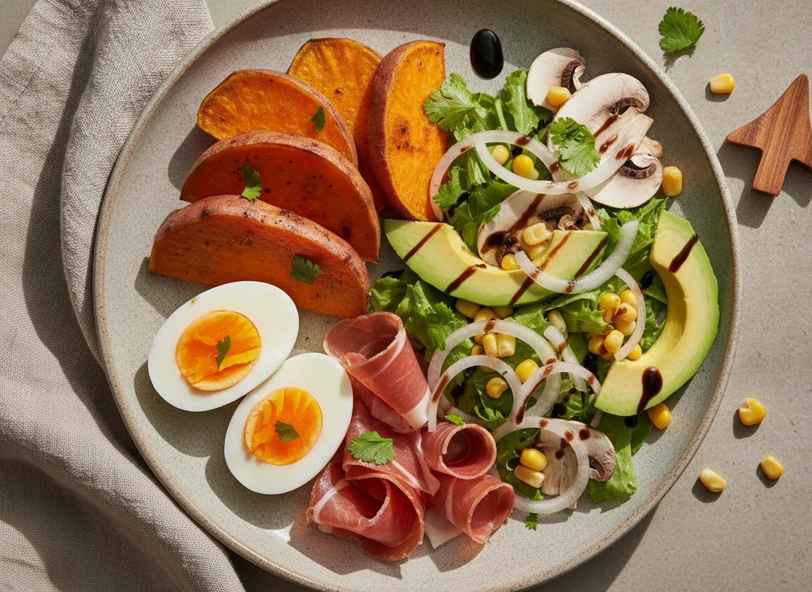 Plato combinado de boniato, huevo, jamón y ensalada photo