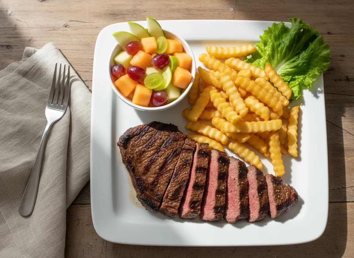 Plato combinado de carne a la parrilla con patatas fritas y ensalada de frutas photo