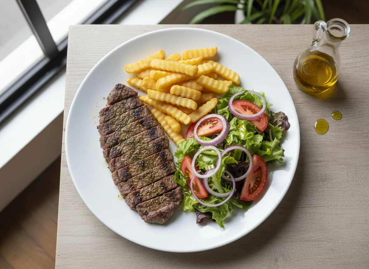 Plato combinado de carne a la plancha con patatas fritas y ensalada photo